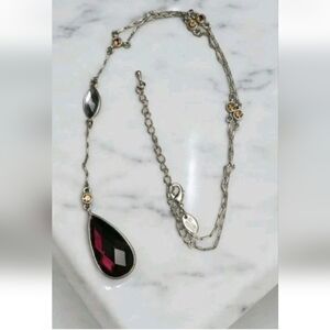 Stunning Blood Red Crystal Tear Drop Jewel Tones Necklace Silvertone Lia Sophia